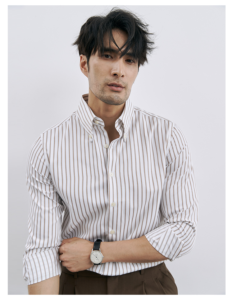 ホワイト×キャメル ストライプ 長袖シャツ